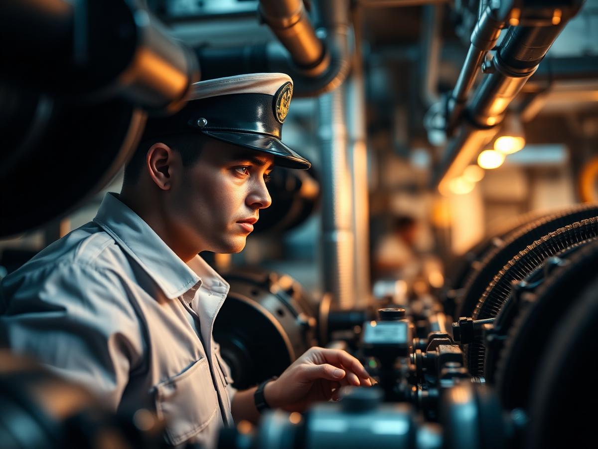 Marine engineer inspecting ship engine parts