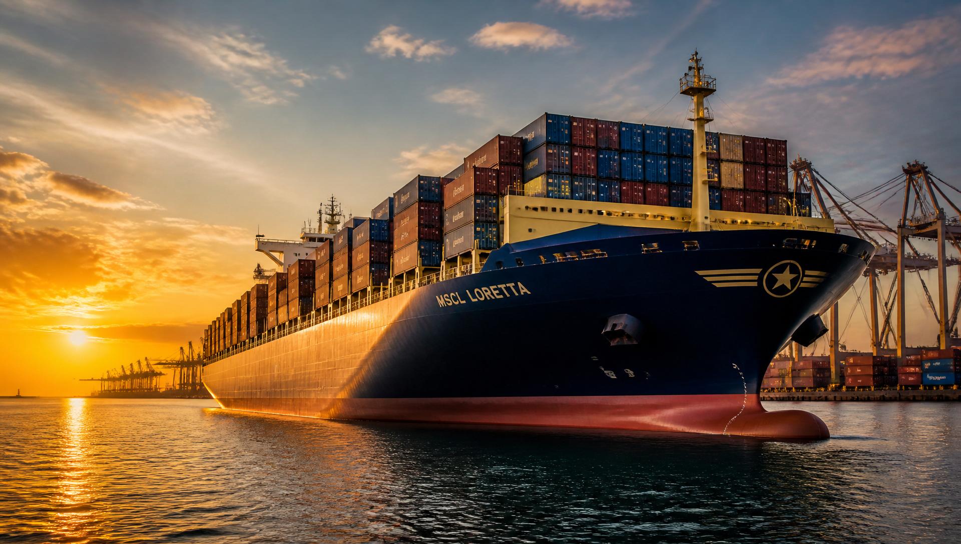 Container ship at sunset arriving in port