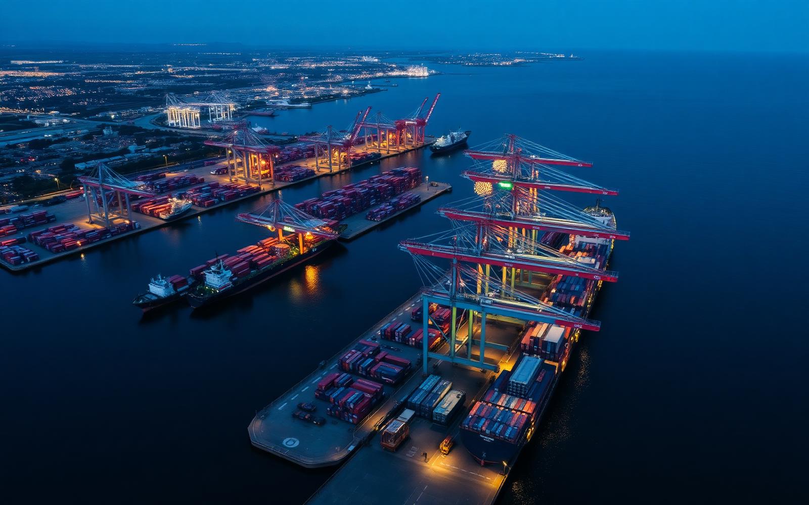 Aerial view of a Bangladesh container port at blue hour
