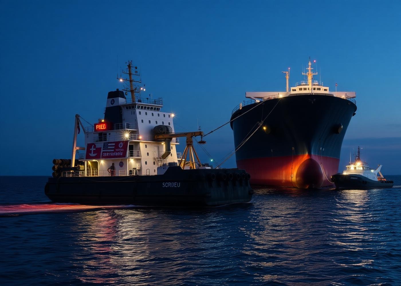 Bunker barge alongside cargo ship at anchorage delivering fuel