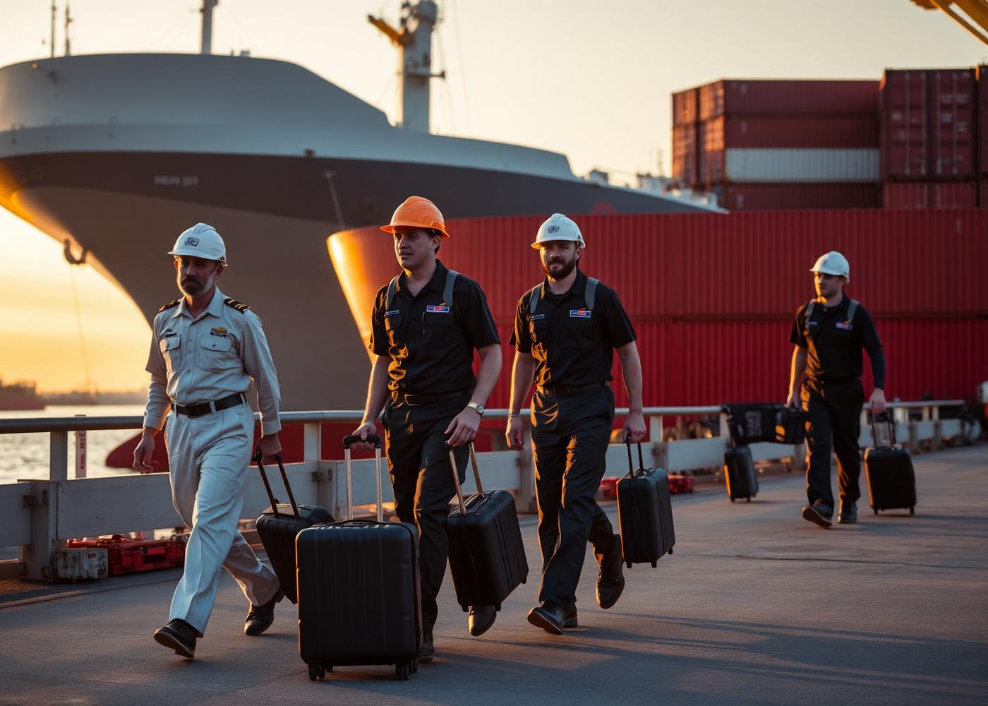Ship crew arriving at port for sign-on with luggage