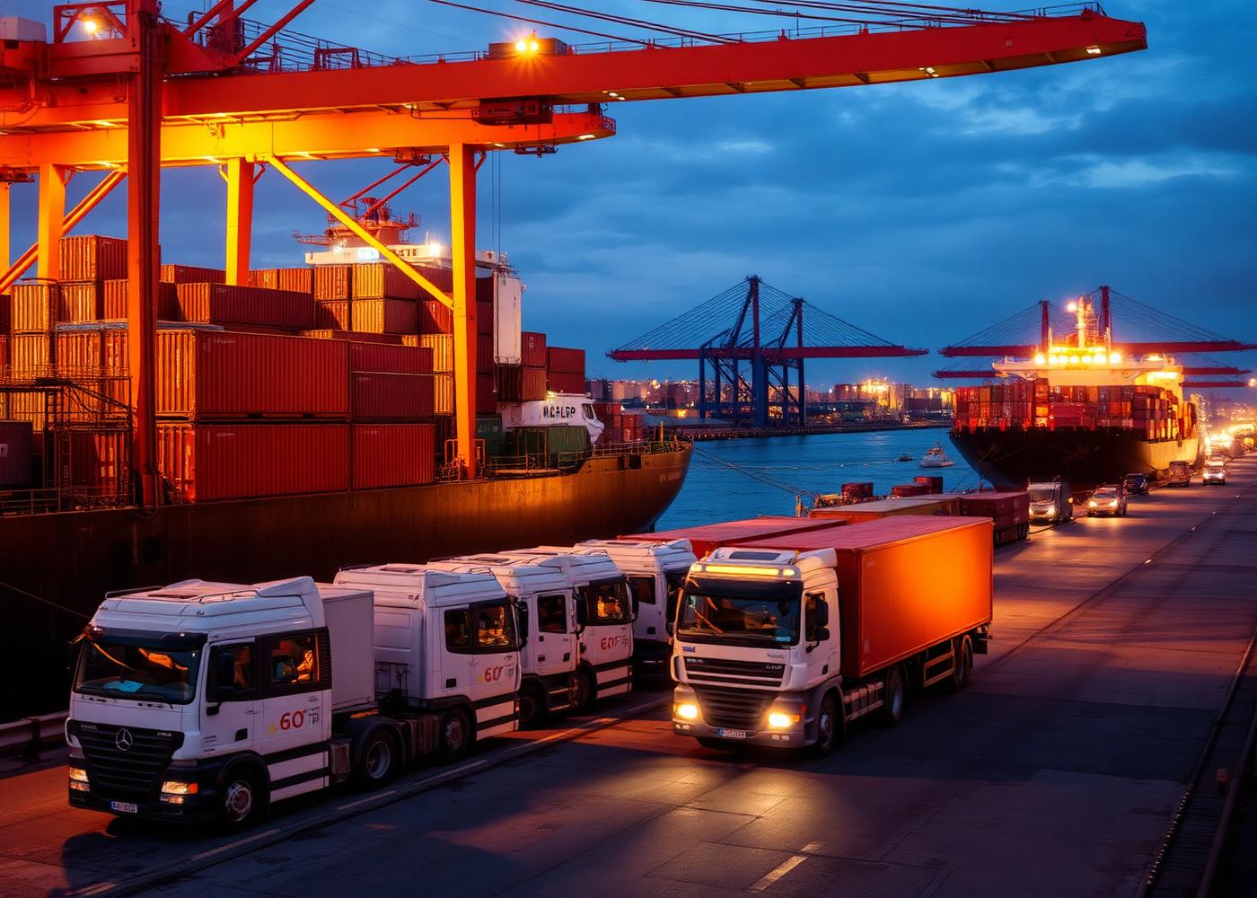 Port logistics with cargo trucks alongside container ship at night