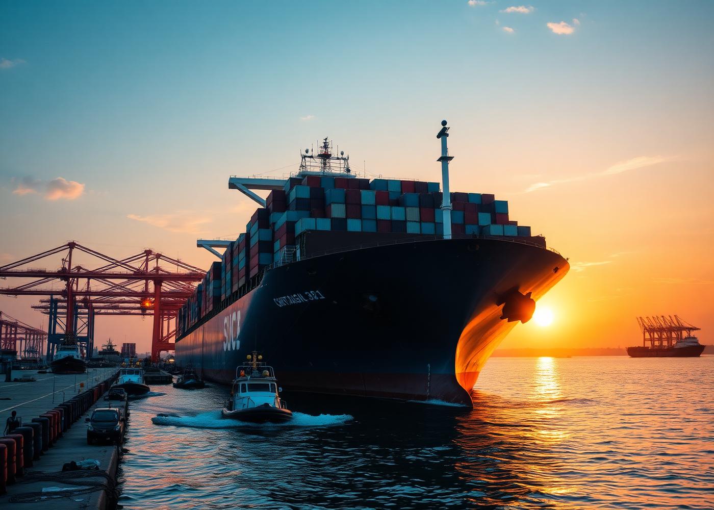 Container ship berthing at Chattogram port with pilot boat approaching
